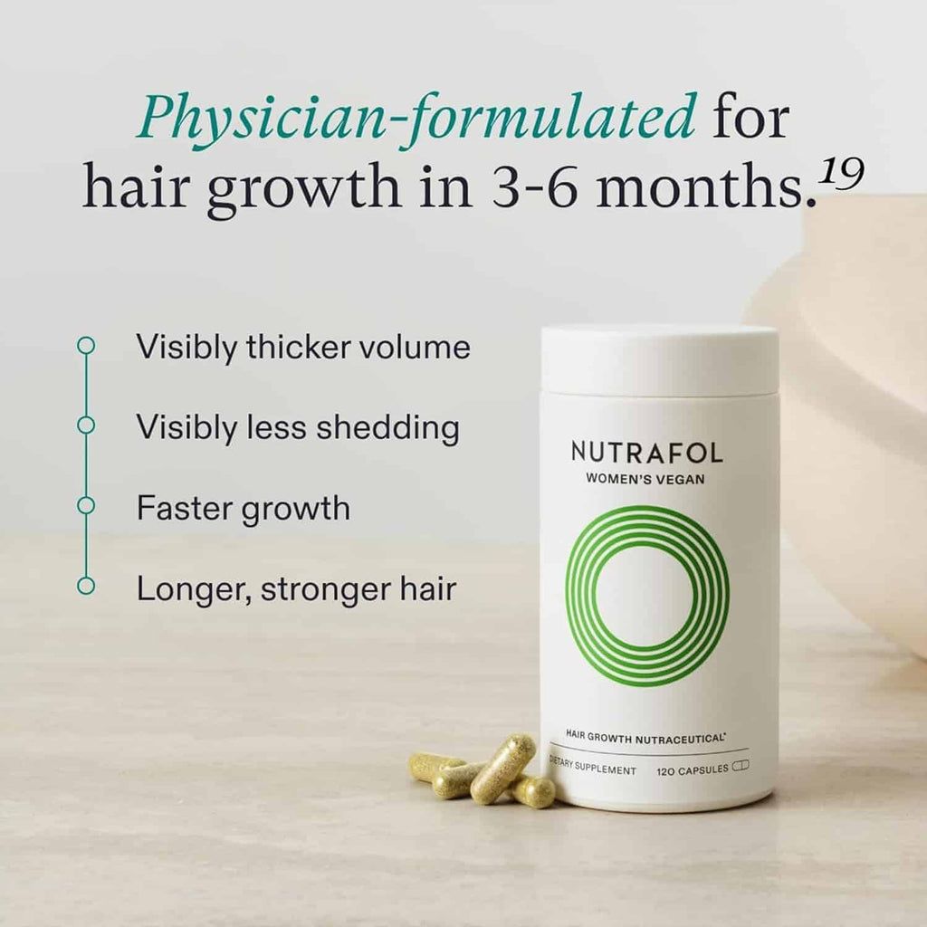 Nutrafol women's vegan hair growth supplement bottle with loose capsules