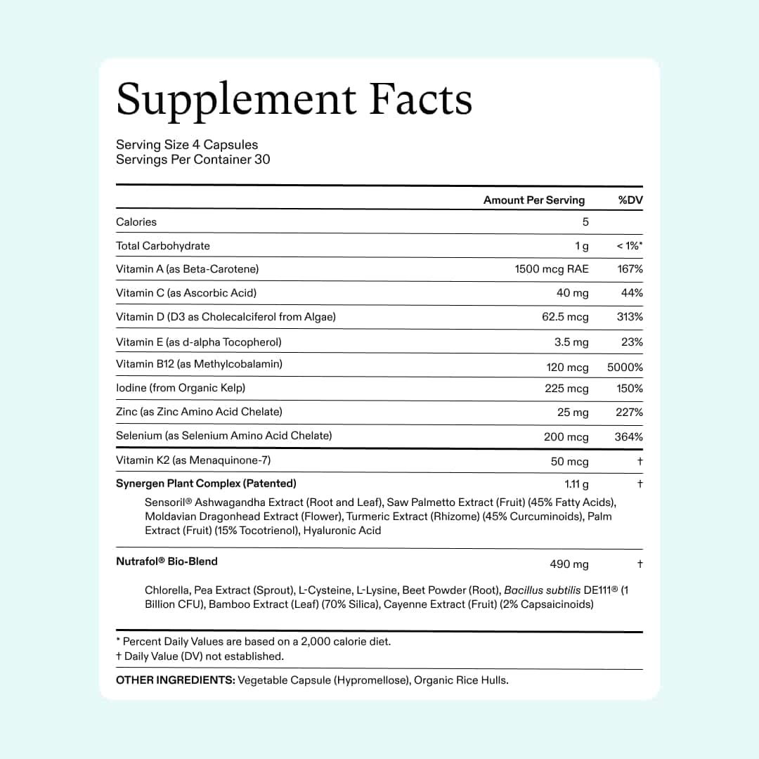 Supplement Facts panel for Nutrafol hair growth capsules with ingredient list