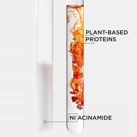 Shampoo bottle with plant-based proteins and Niacinamide callouts