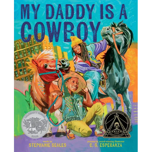 Hardcover picture book cover with cowboy, horses, and children on teal background