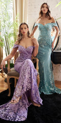 Embellished off-shoulder mermaid gown in teal blue, fitted bodice and lace texture