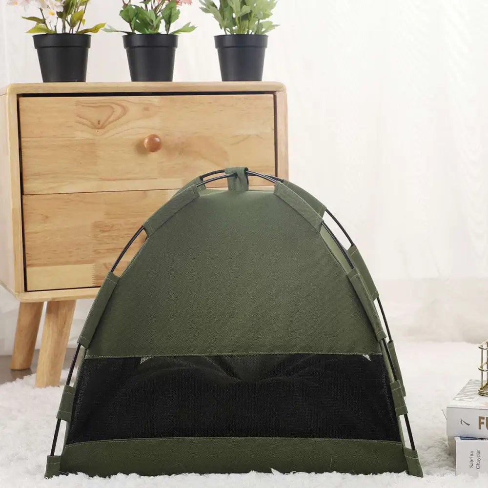 Olive Green Zippered Cat Tent with Metal Frame