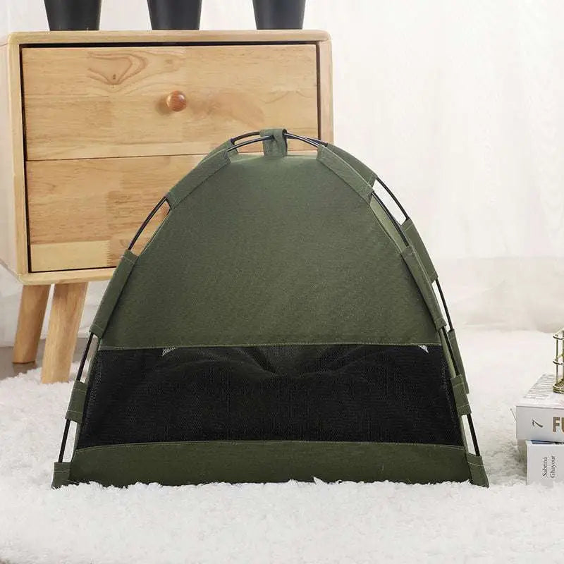 Olive Green Zippered Cat Tent with Metal Frame