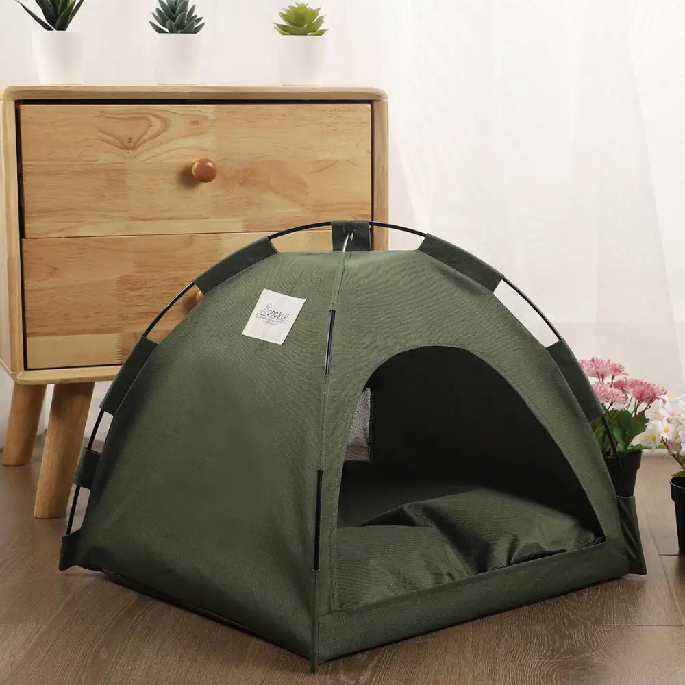 Olive Green Zippered Cat Tent with Metal Frame