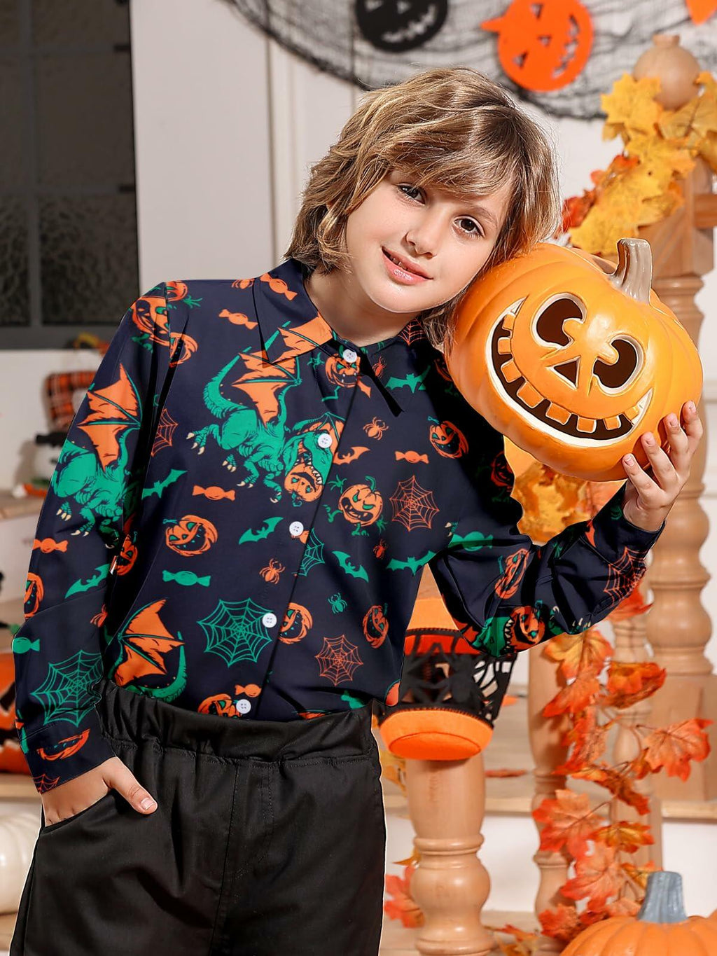 Boys Halloween Dinosaur Shirt Size 10 Long Sleeve Pumpkin Button Up