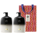 Gold Lust liter set with two black shampoo bottles, gold labels, and patterned tote bag