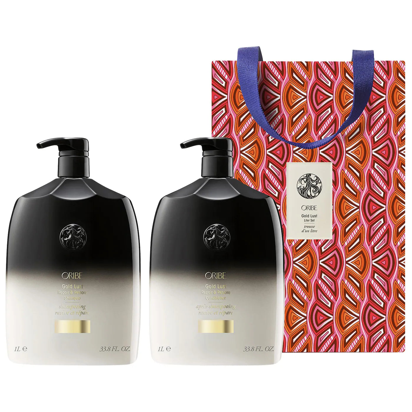 Gold Lust liter set with two black shampoo bottles, gold labels, and patterned tote bag