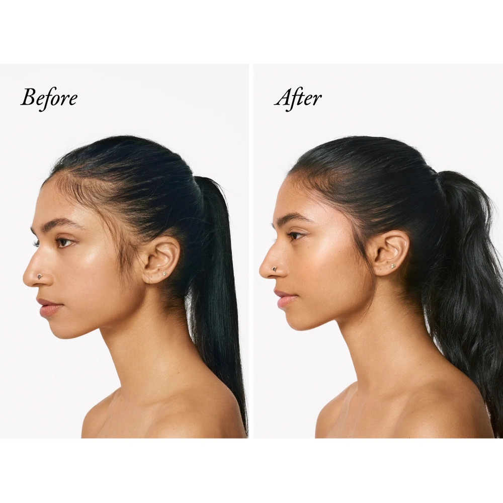 Conditioner treatment results on black ponytail hair, side profile close-up