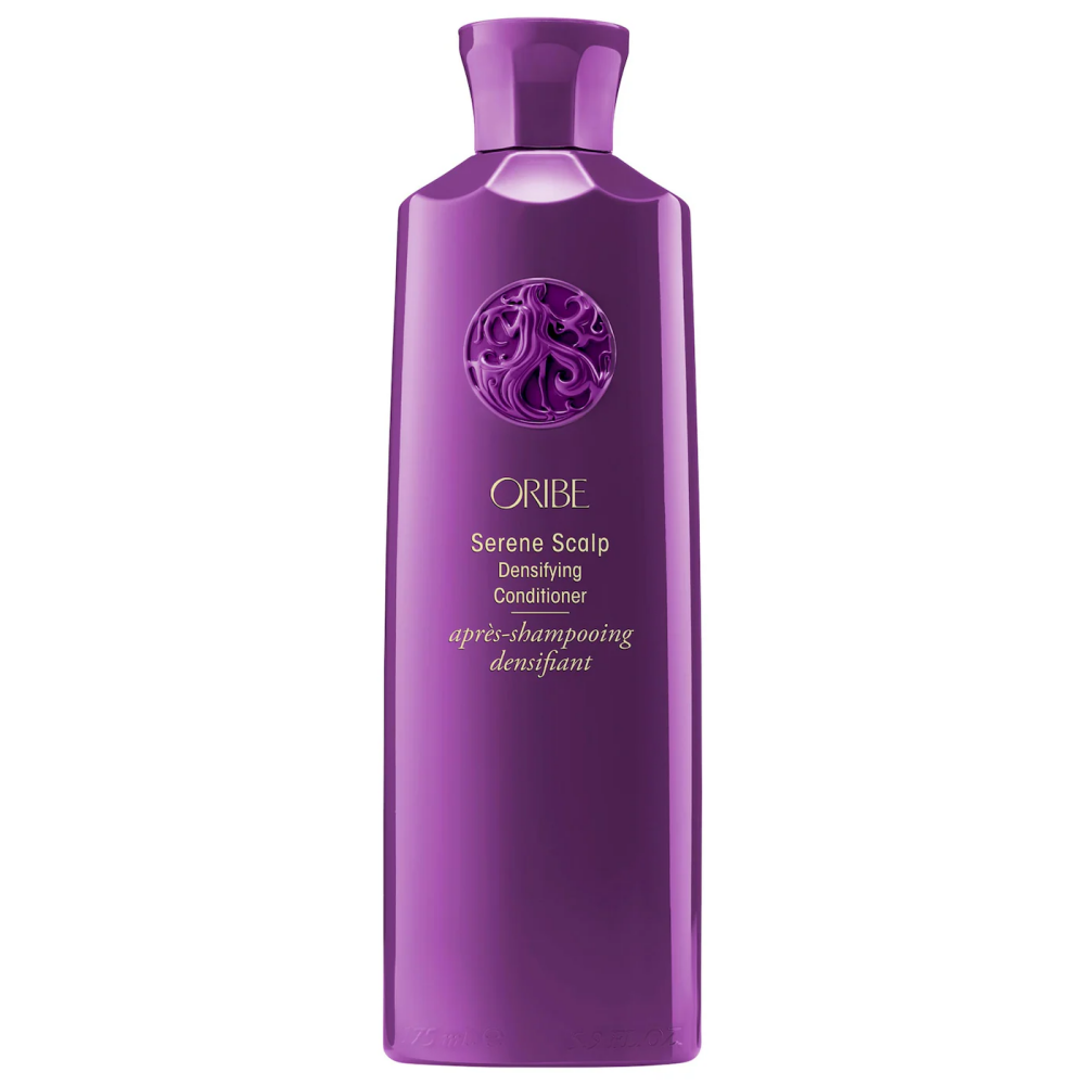 Purple Oribe scalp densifying conditioner bottle with pump cap and logo label