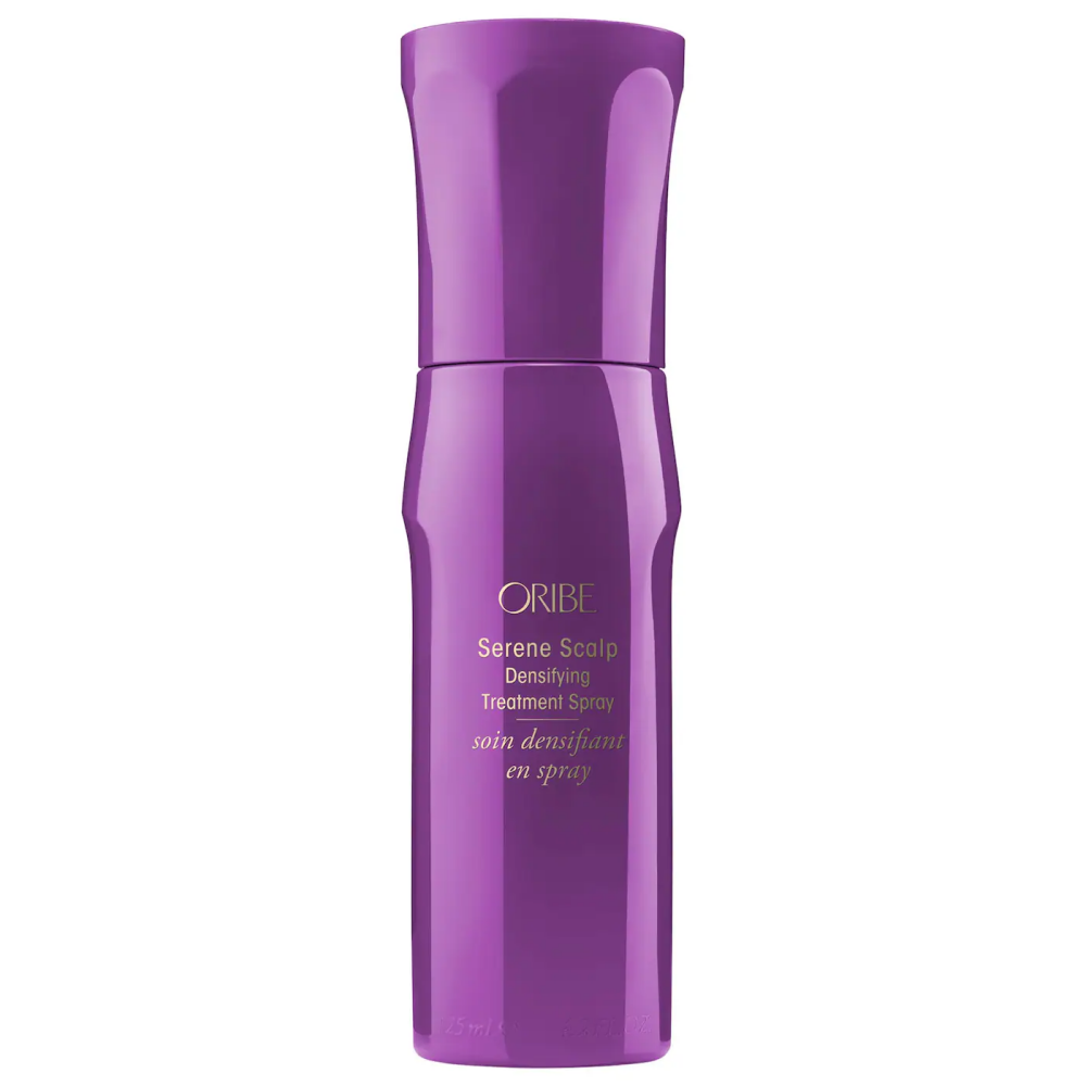 Oribe scalp densifying treatment spray bottle, purple, flip-top cap
