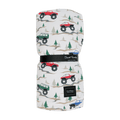Kid cloud blanket, off-white with red/blue trucks and pine tree print