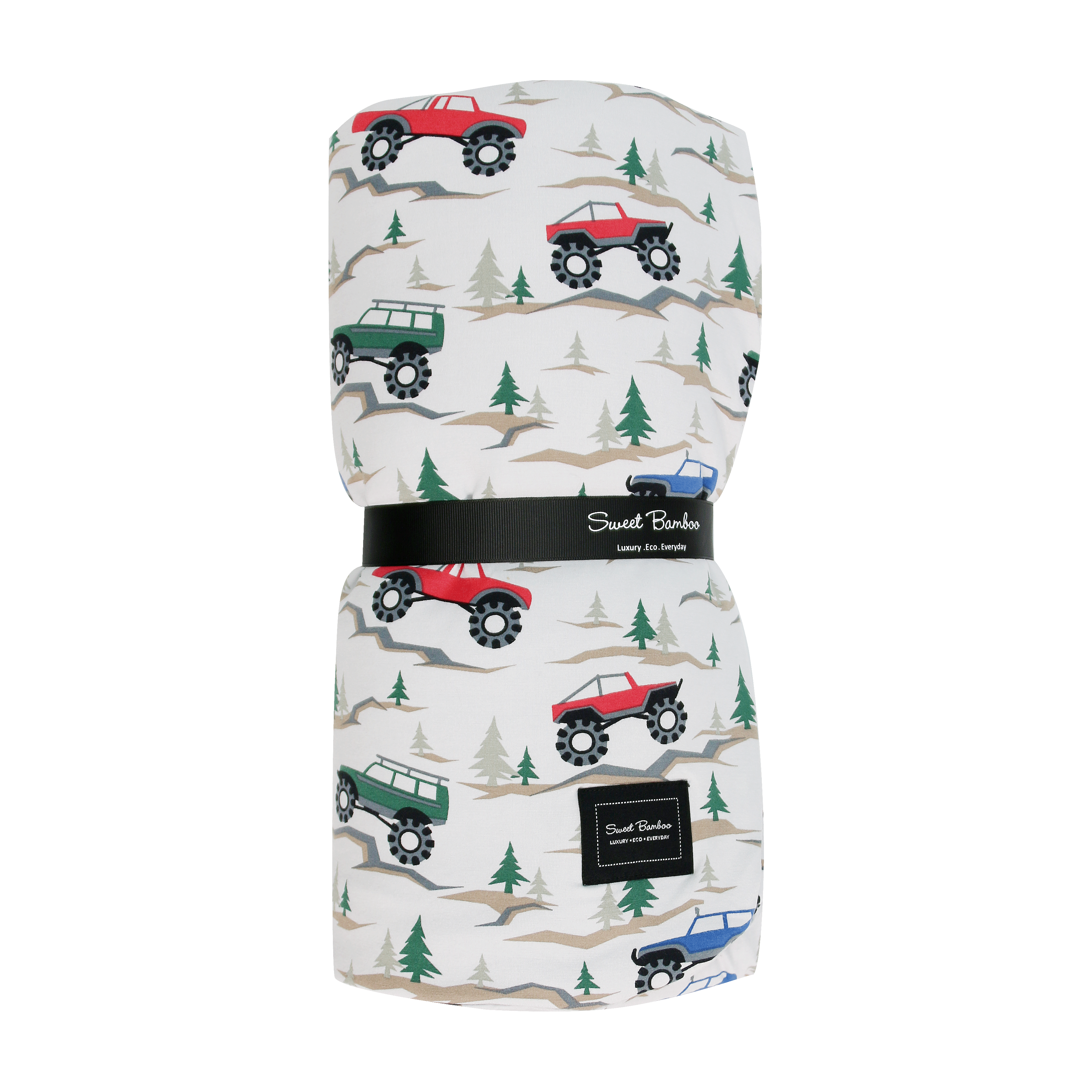 Kid cloud blanket, off-white with red/blue trucks and pine tree print