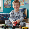Kids long-sleeve pajama set, light gray with colorful vehicle and mountain print