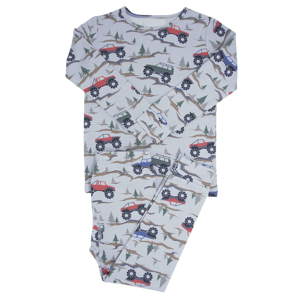 Kids pajama set, light gray long sleeves with vehicle and mountain pattern