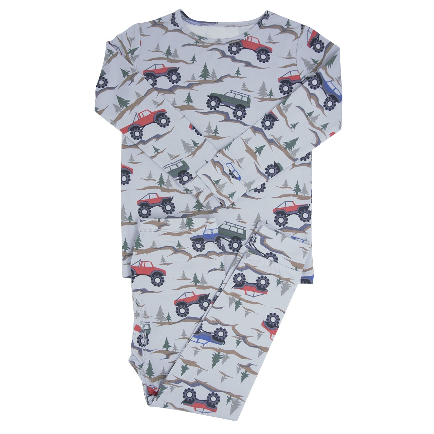 Kids pajama set, light gray long sleeves with vehicle and mountain pattern