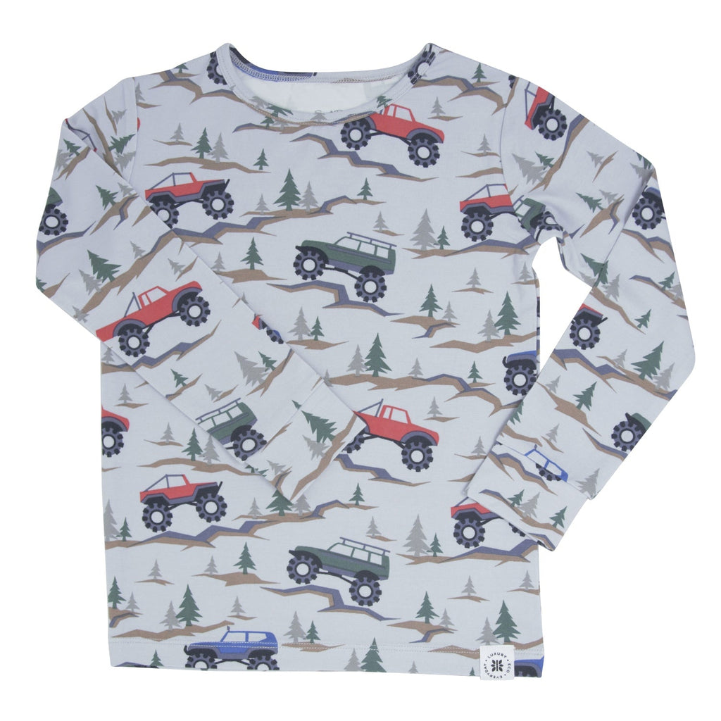 Kids long-sleeve pajama set, light gray with multicolor tractors and mountain scene print