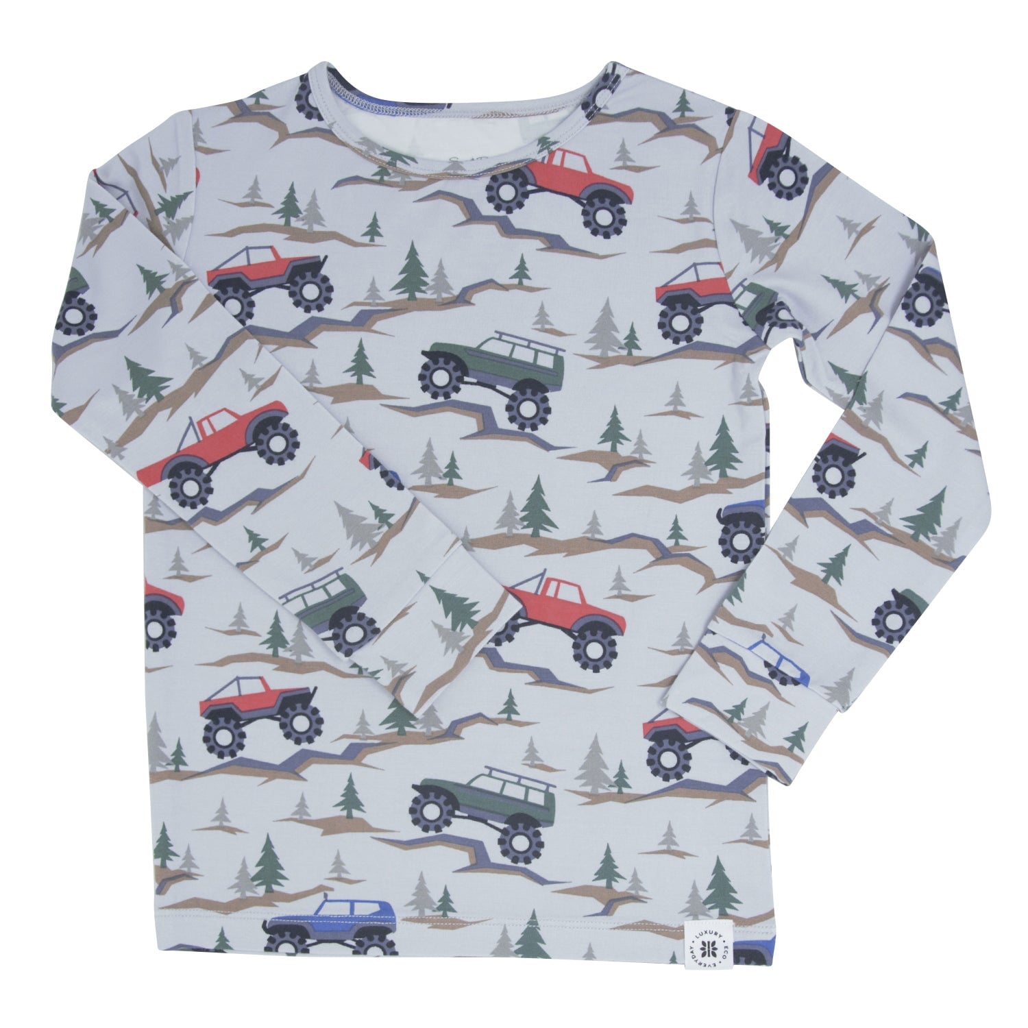 Kids long-sleeve pajama set, light gray with multicolor tractors and mountain scene print