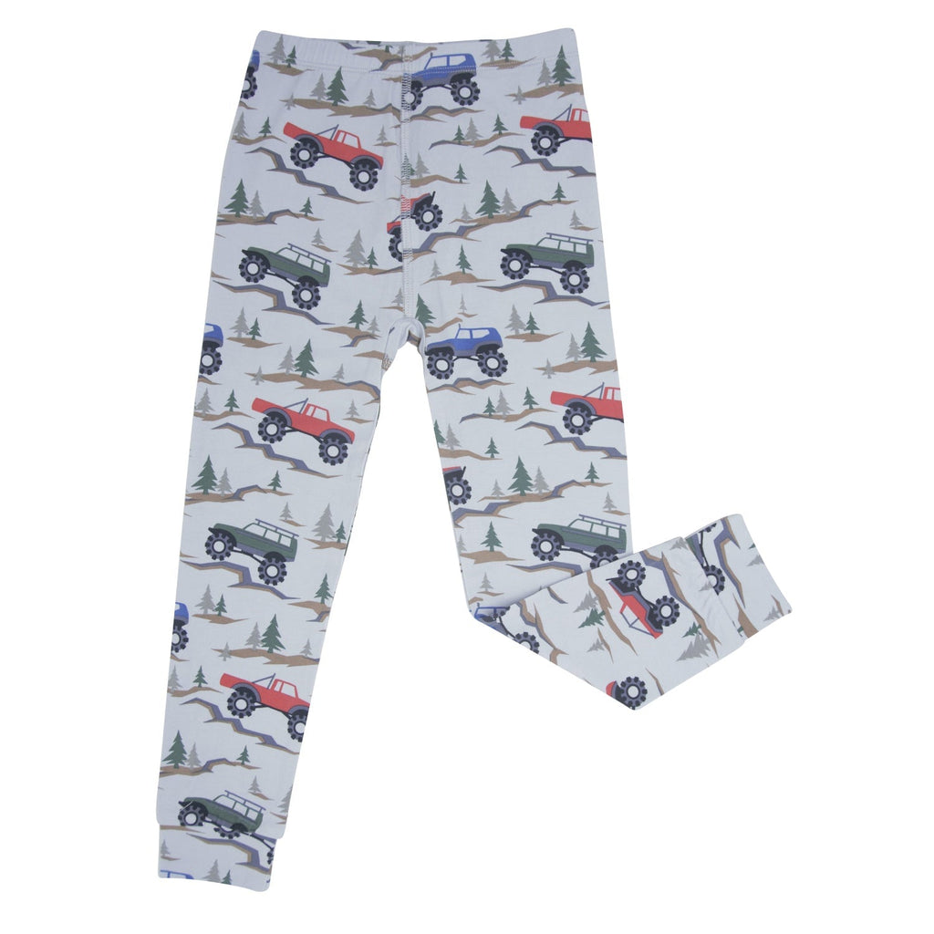 Kids pajama pants, light gray with colorful vehicles and mountain print