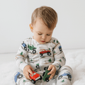 Boy's convertible romper with long sleeves, white vehicle print and zip front