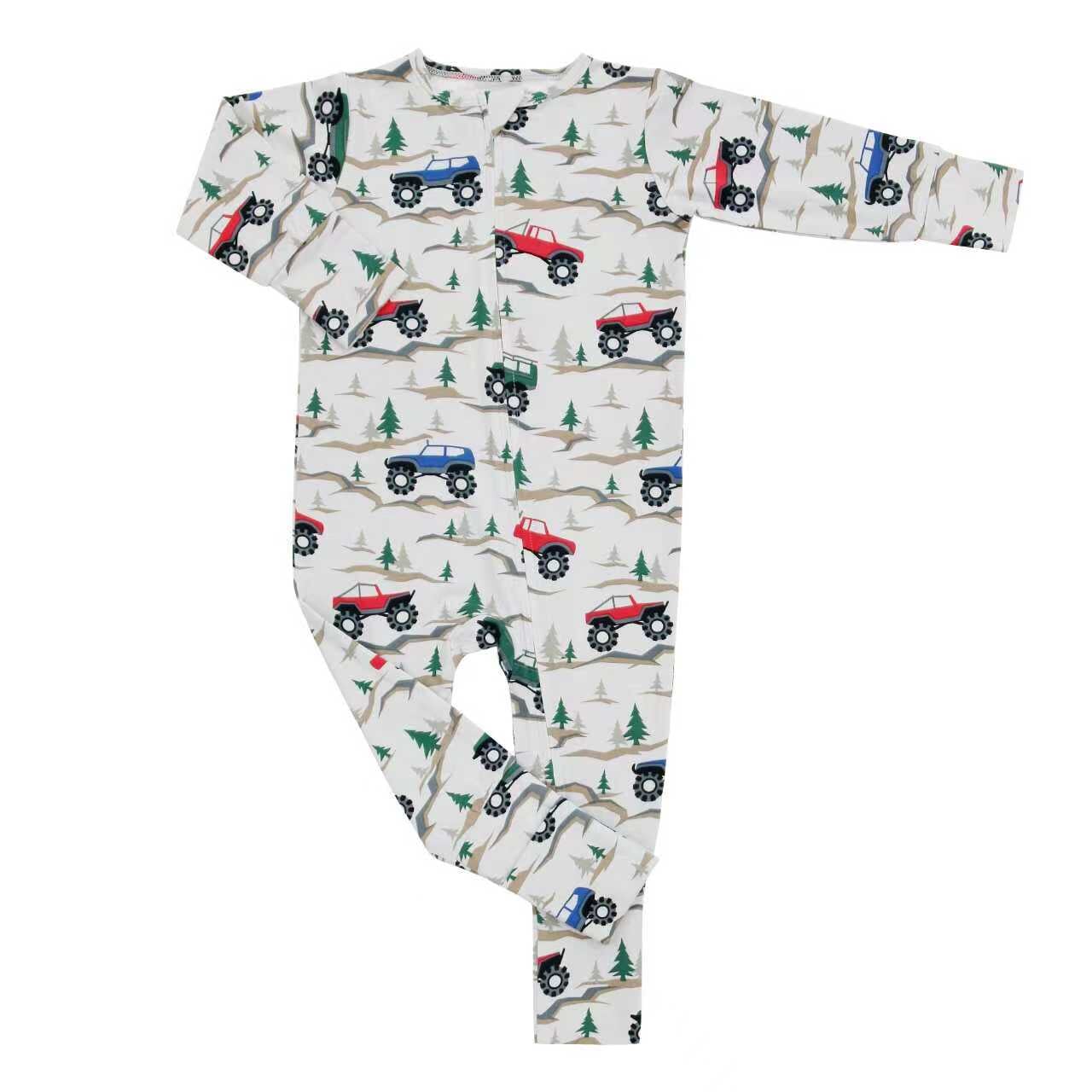 Convertible romper for boys, long-sleeve white with multicolor trucks and trees pattern