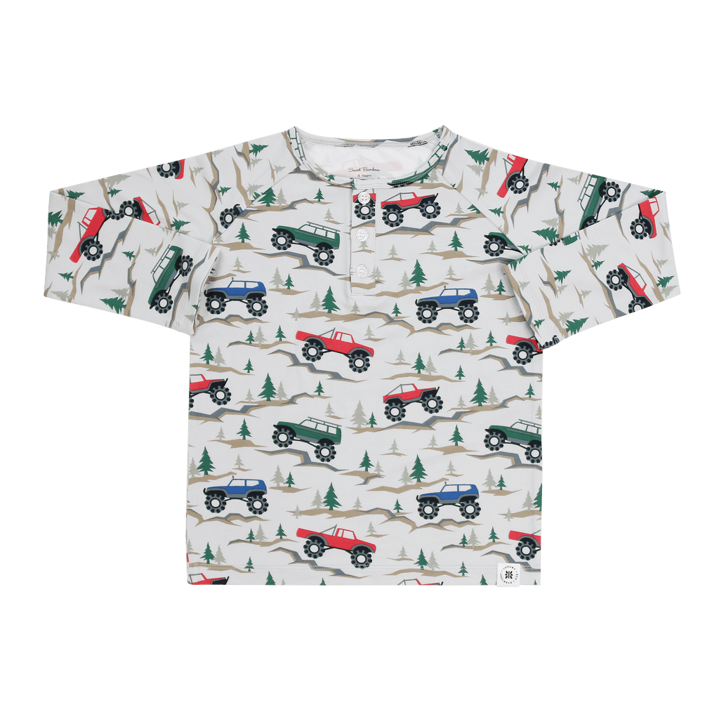 Boys raglan henley shirt, cream with tractors and tree graphic print, button placket