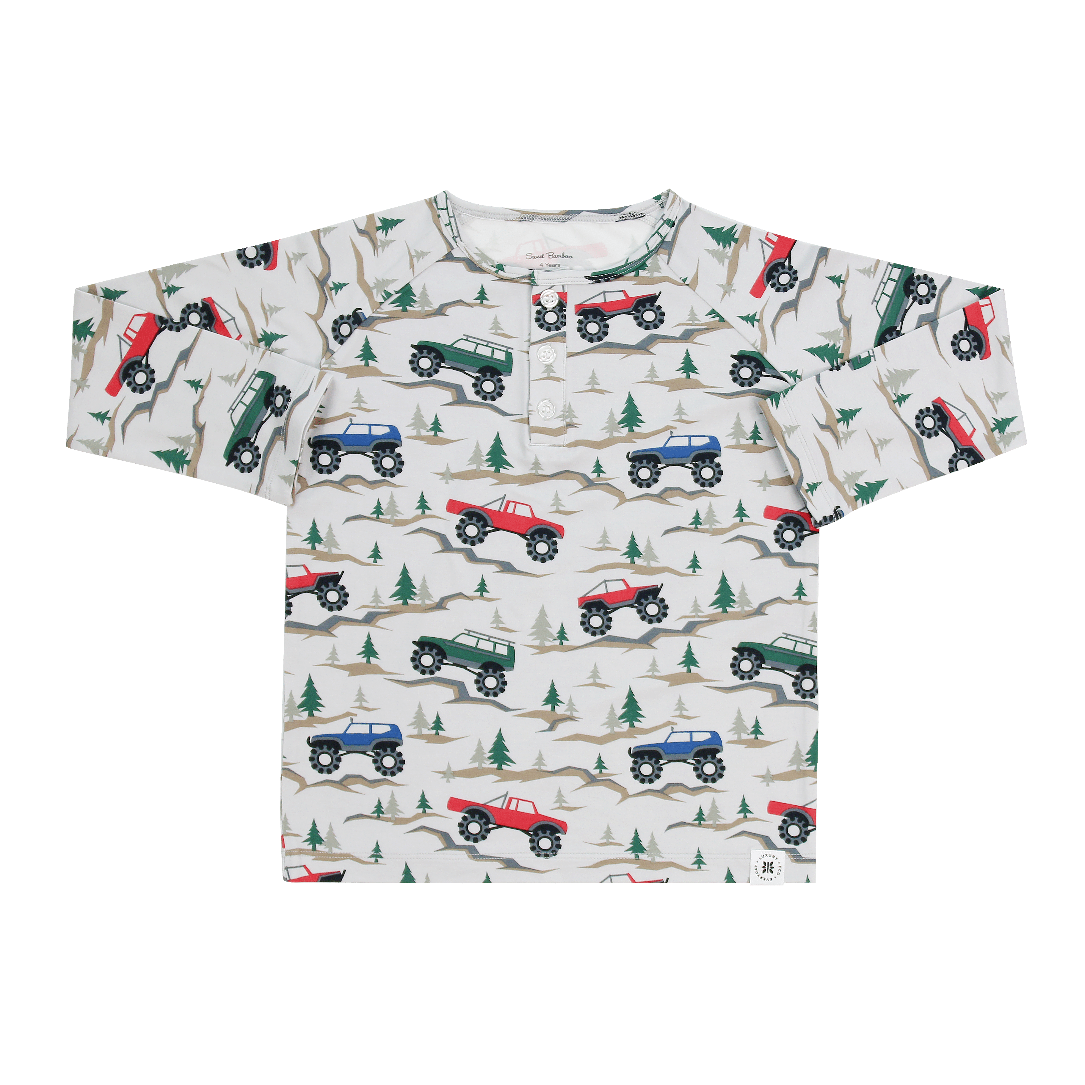 Boys raglan henley shirt, cream with tractors and tree graphic print, button placket