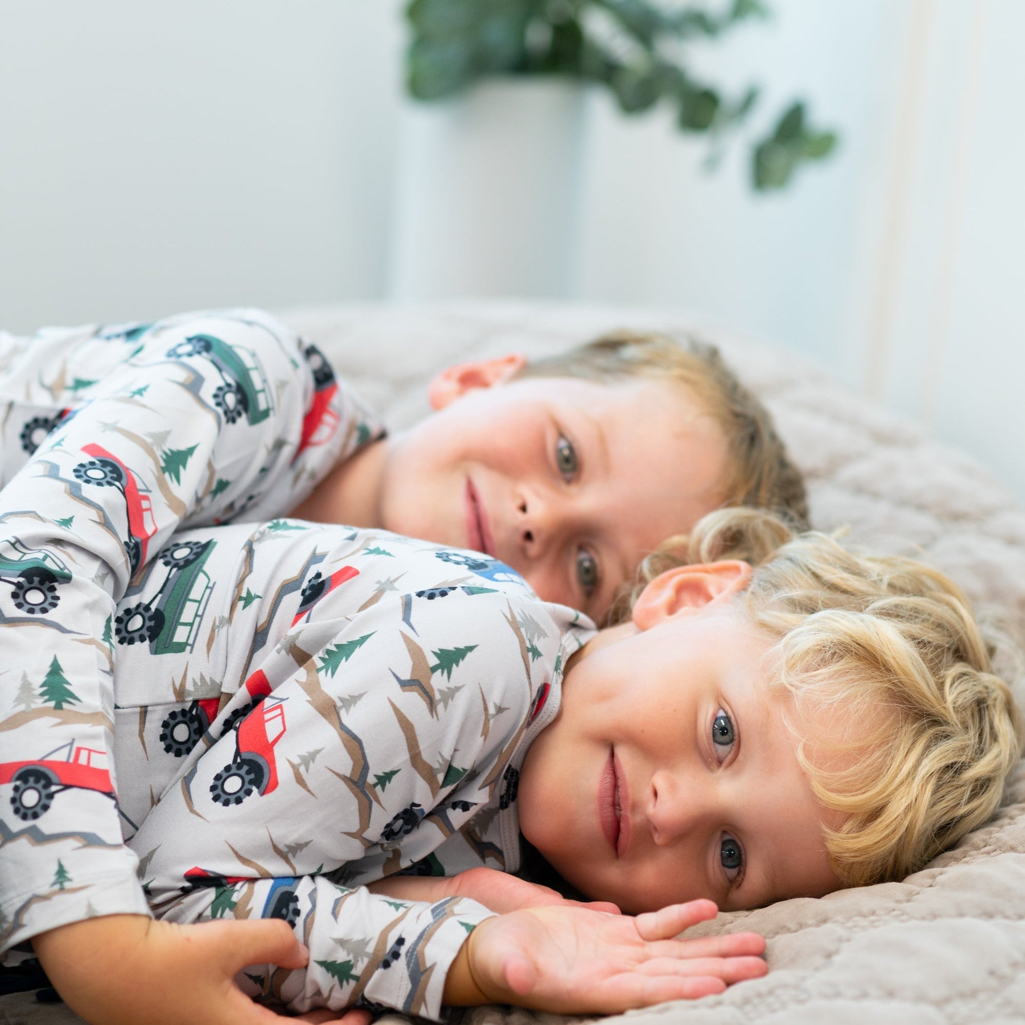 Boys raglan henley pajama shirt in cream with vehicle and tree print, long sleeves