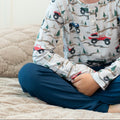 Blue toddler slacker pants with elastic waist and drawstring, cuffed legs