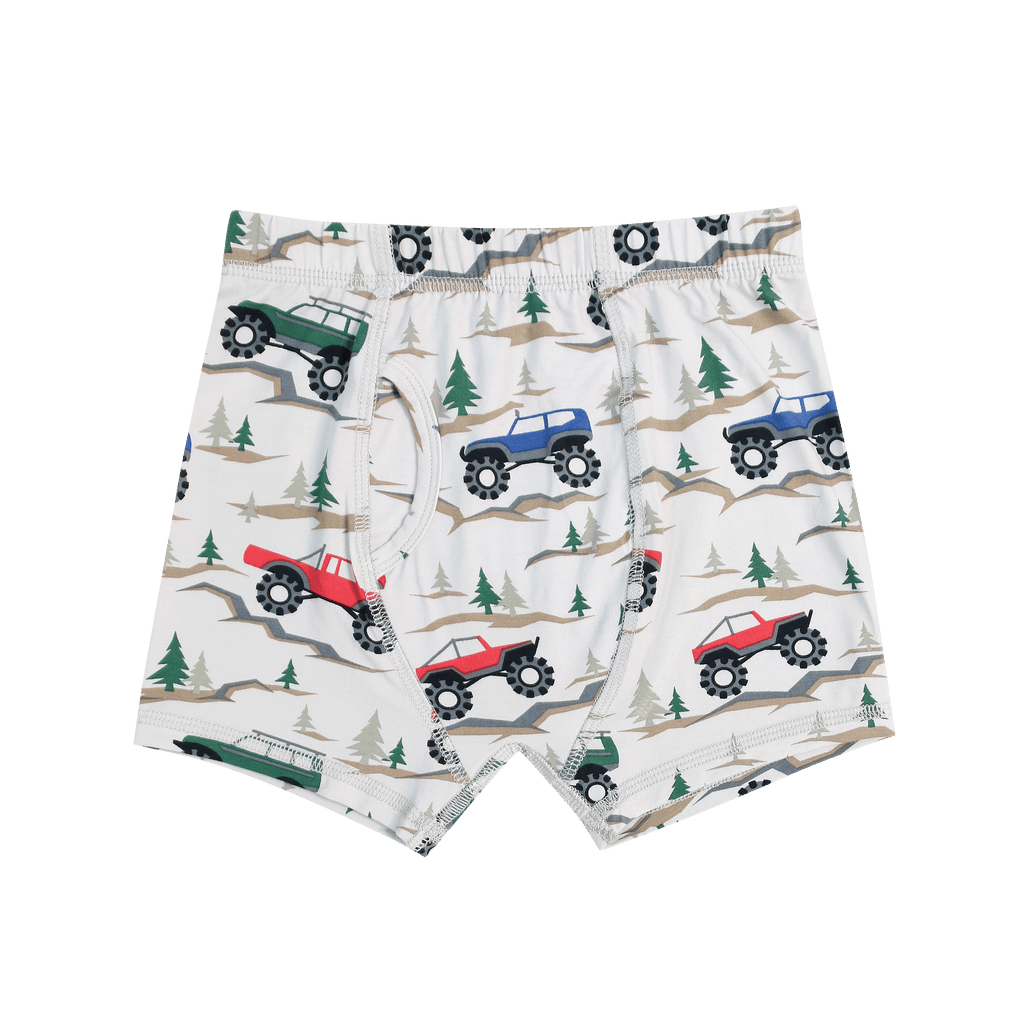 Boys' briefs in white with green and red tractor truck pattern