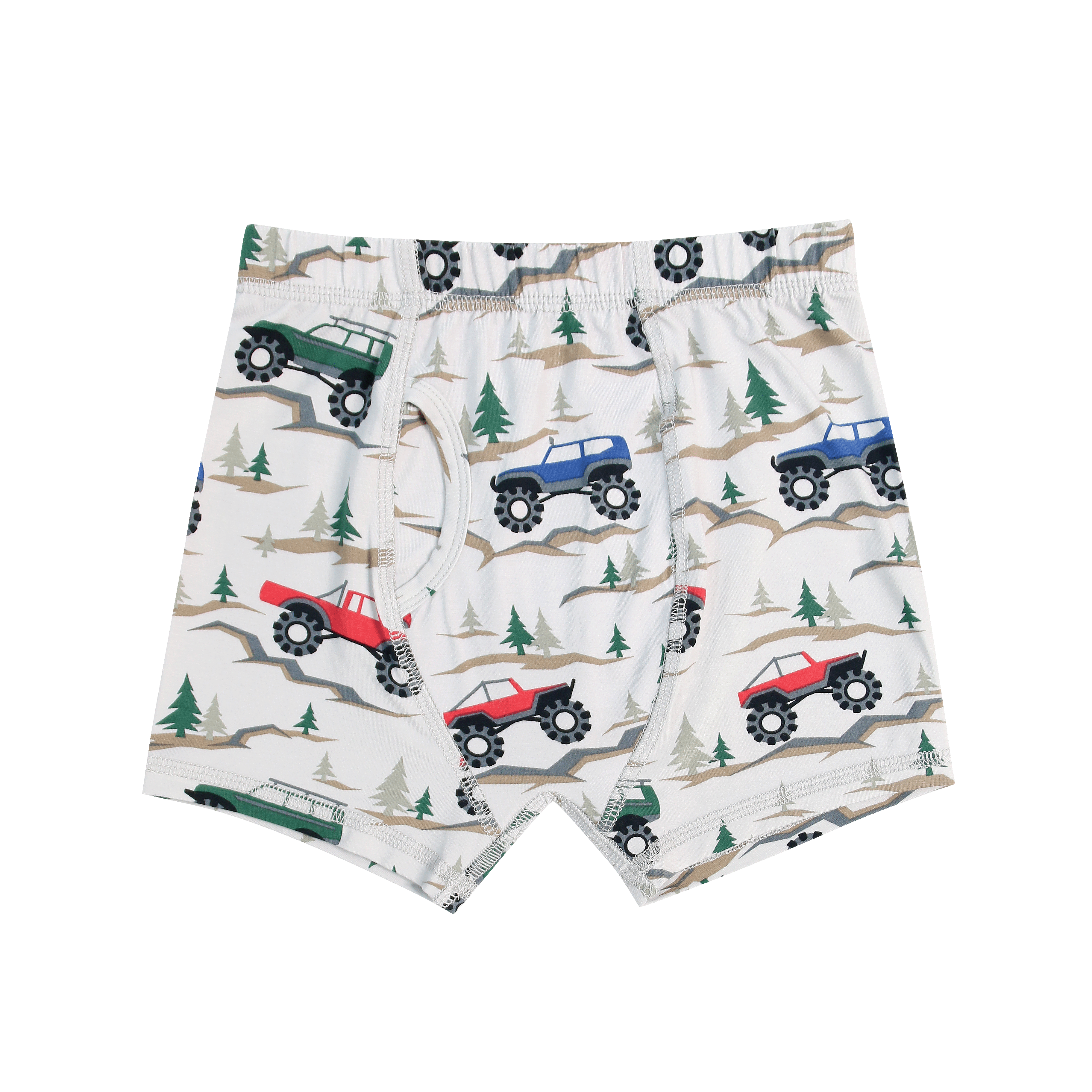 Boys' briefs in white with green and red tractor truck pattern
