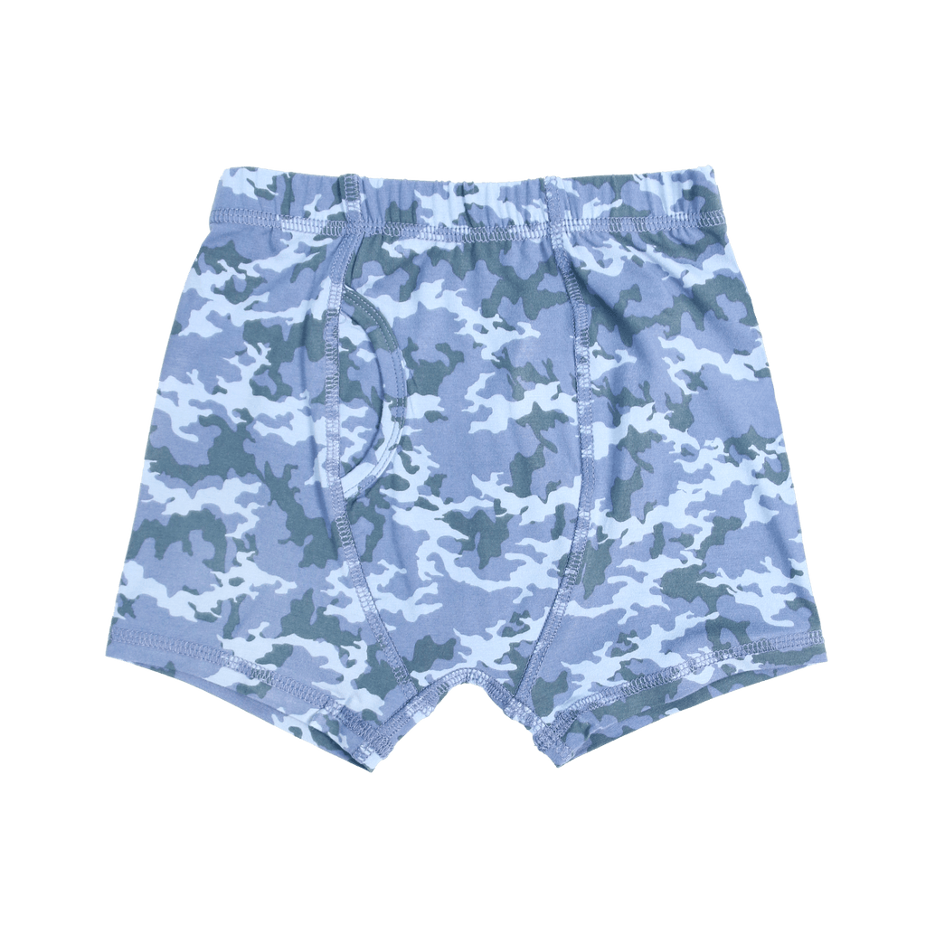 Boys' briefs in blue camo print with elastic waistband