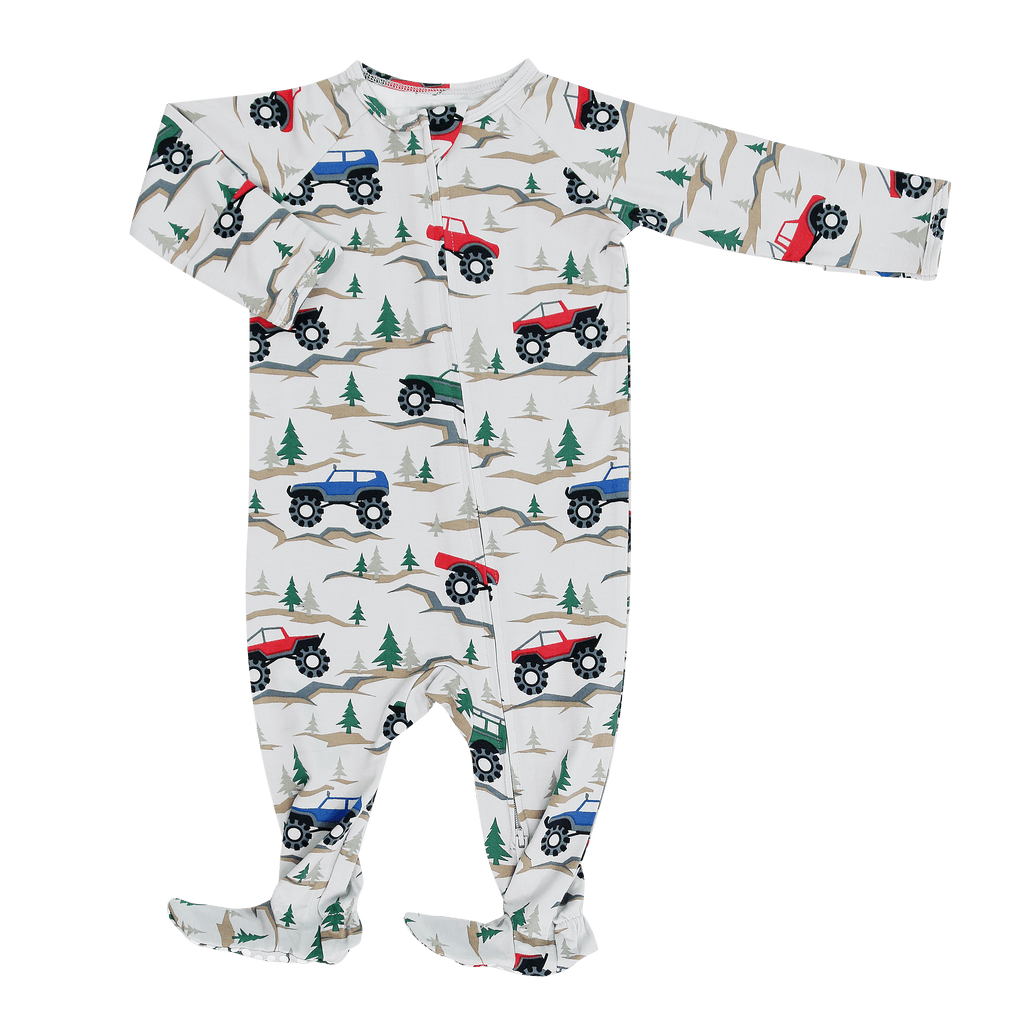 Long-sleeve baby zipper footie in white with multicolor vehicles and tree print