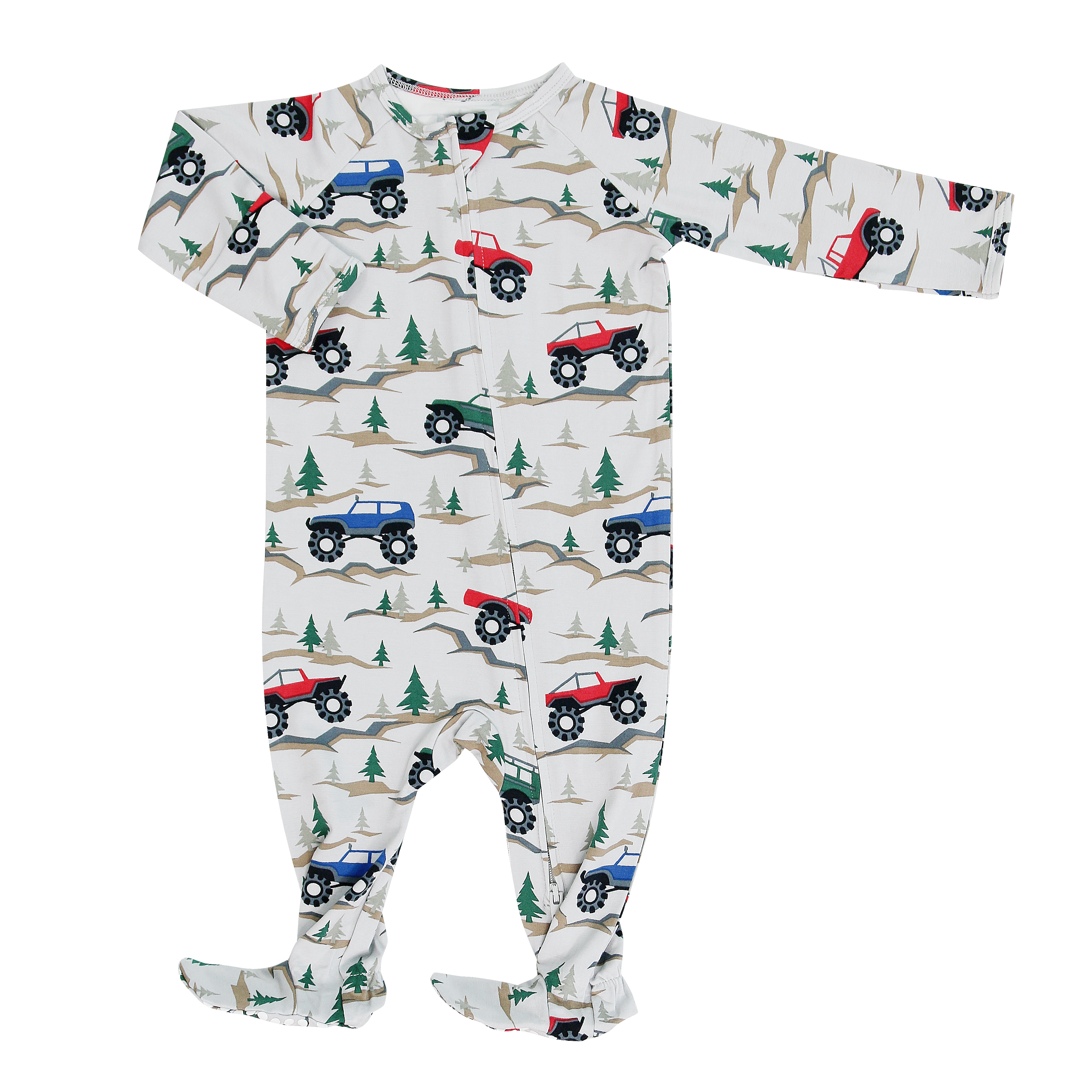 Long-sleeve baby zipper footie in white with multicolor vehicles and tree print