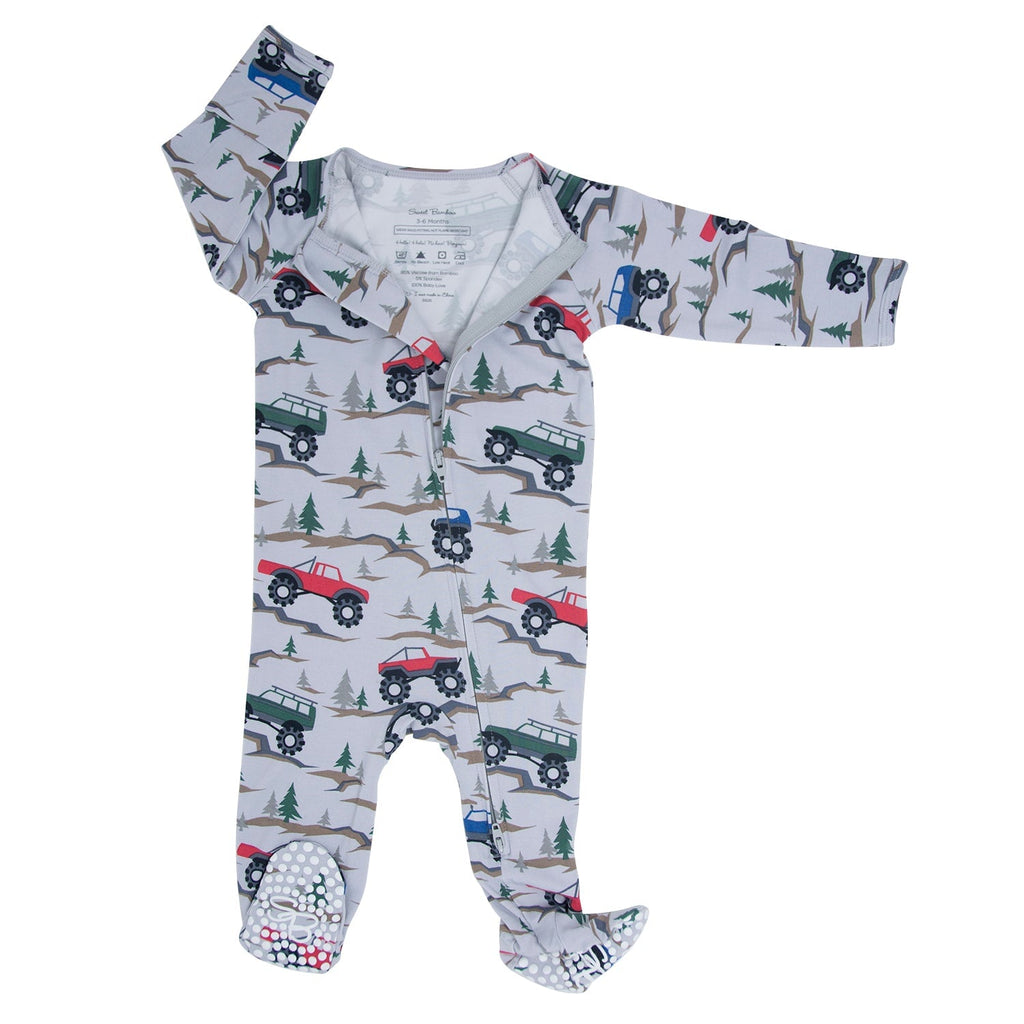 Baby long-sleeve zipper footie in white with multicolor vehicles and tree motif