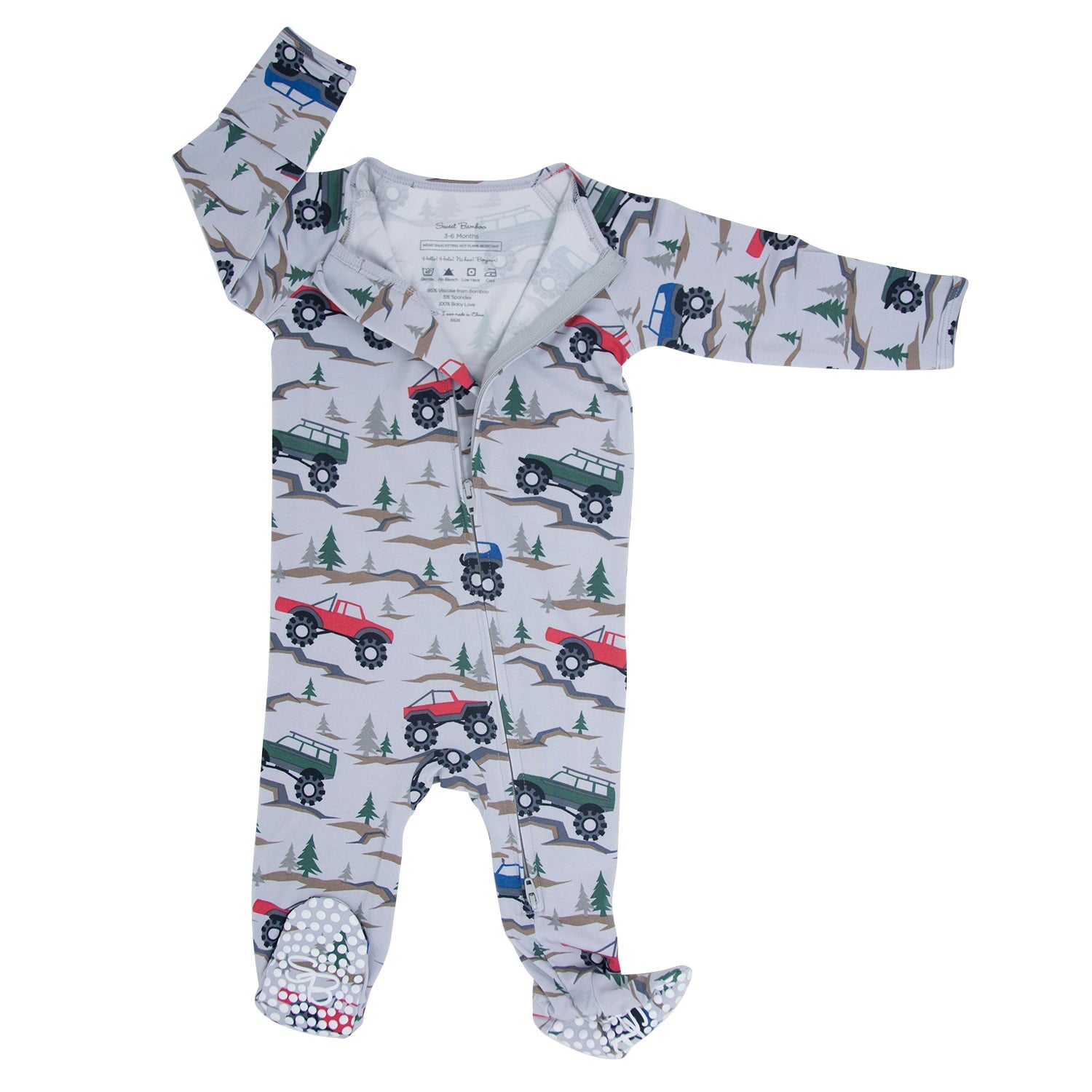 Baby long-sleeve zipper footie in white with multicolor vehicles and tree motif
