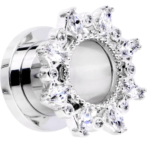 Stainless steel tunnel plug with clear gemstone flower rim and screw-fit back