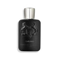 Eau de parfum bottle with black glass, silver cap, and Carlisle crest