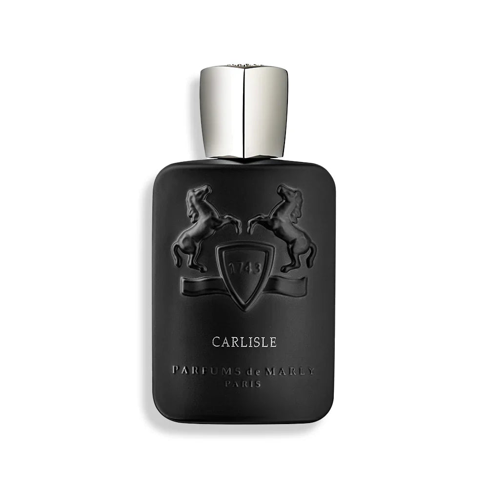 Eau de parfum bottle with black glass, silver cap, and Carlisle crest
