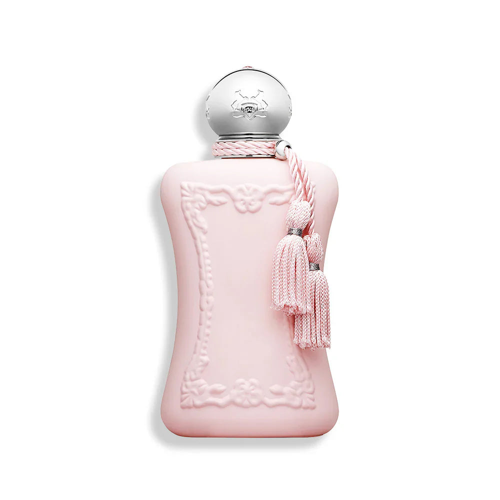 Parfums De Marly Delina eau de parfum bottle, pink glass with silver cap and tassel