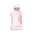 Delina La Rosee eau de parfum bottle, pink glass with silver cap and tassel cord