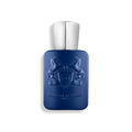 Eau de parfum bottle with blue glass and silver cap, crest emblem on front