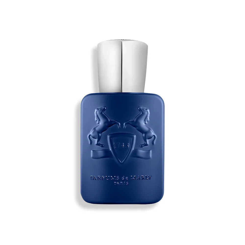 Eau de parfum bottle with blue glass and silver cap, crest emblem on front