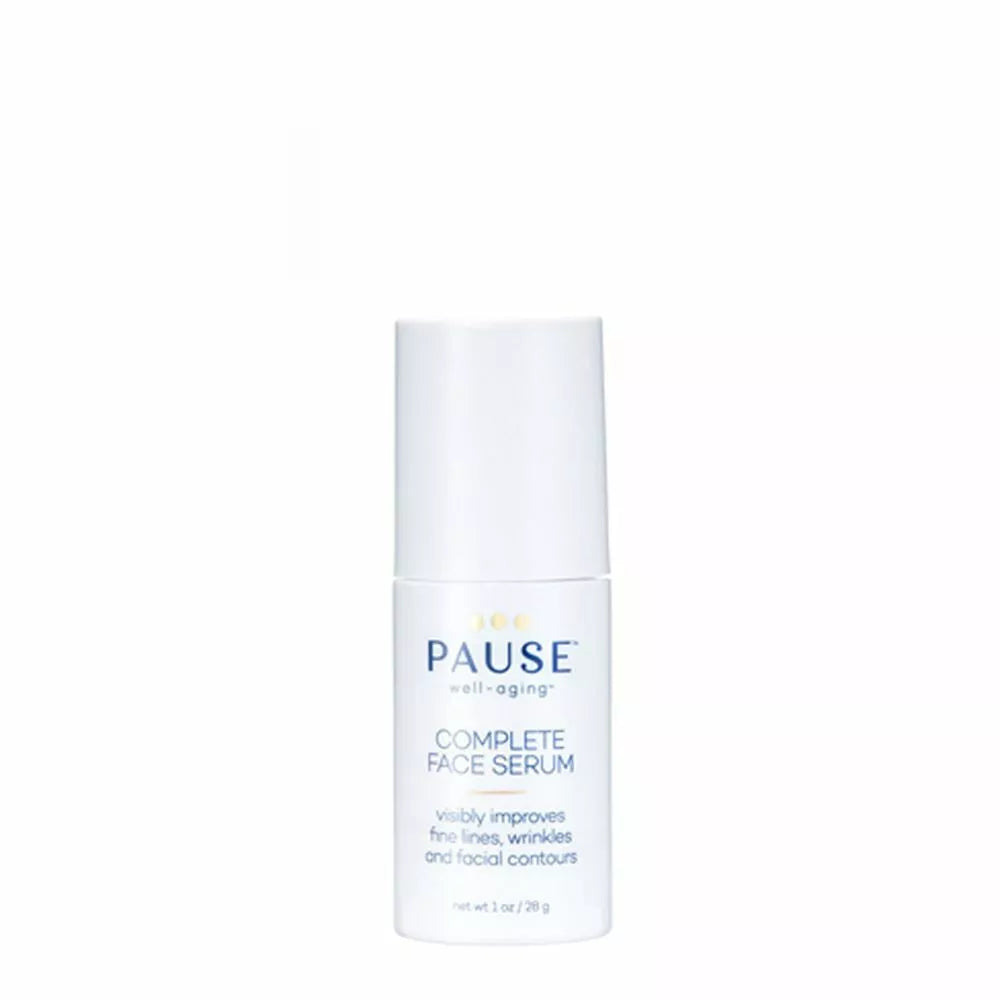 Pause Complete Face Serum bottle, white cap and frosted white container, 1 oz