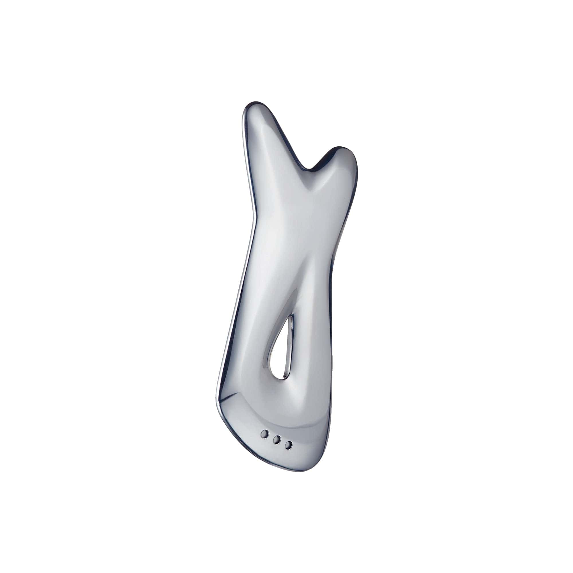 Pause fascia stimulating tool in shiny silver, wedge shape with finger cutout