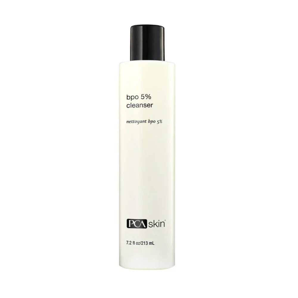 PCA Skin BPO 5% cleanser bottle with black pump, white frosted bottle, 7 oz