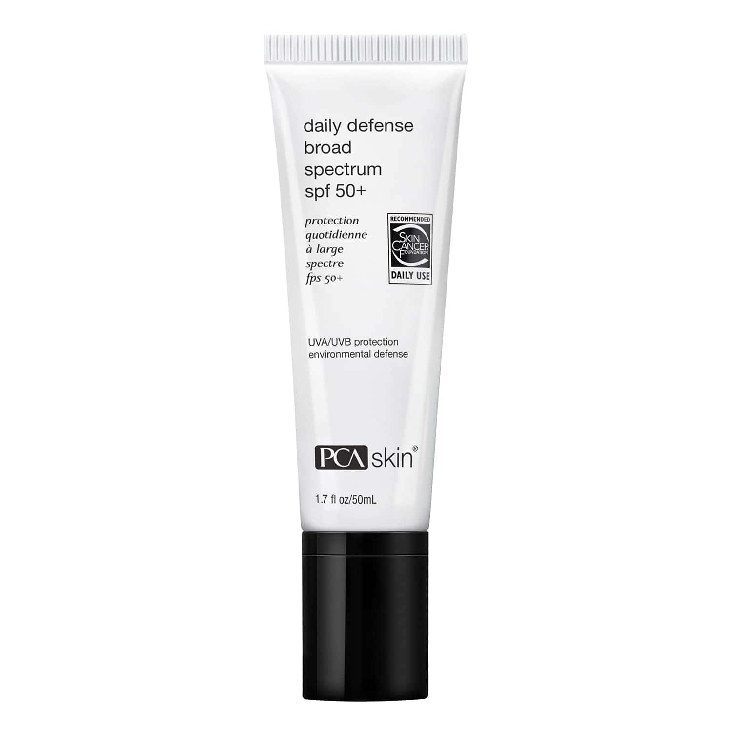 PCA Skin broad-spectrum SPF 50+ sunscreen tube, white body with black base
