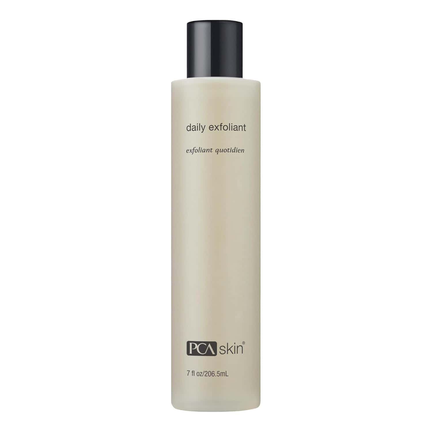 PCA Skin daily exfoliant bottle, pale cream with black cap