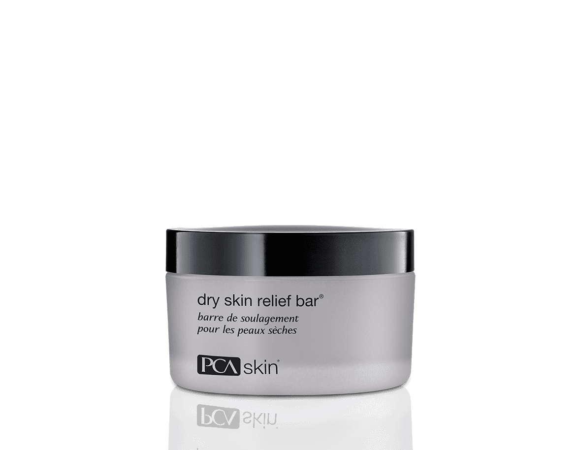 Skincare cream jar with black lid, white label, for dry skin relief