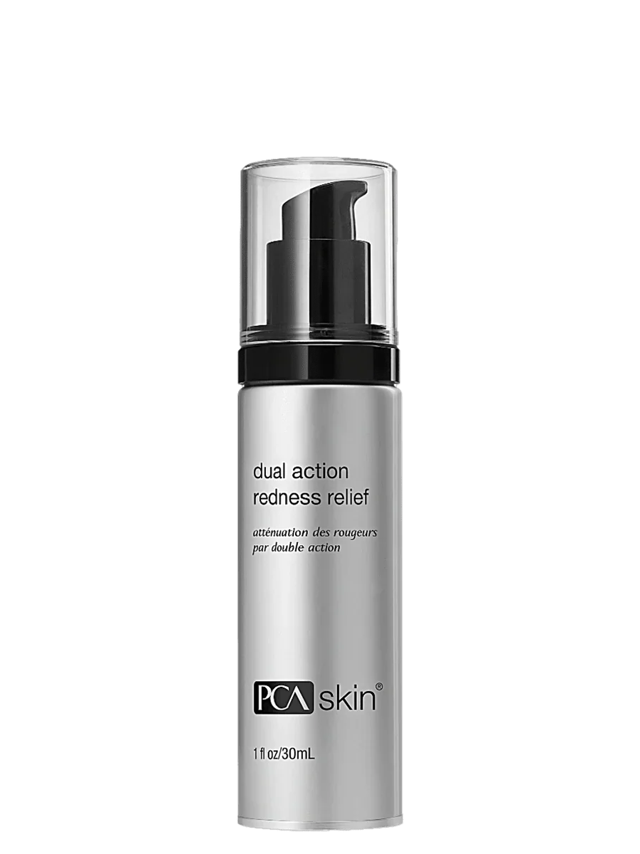 PCA Skin dual action redness relief pump bottle, 1 fl oz, silver with black top