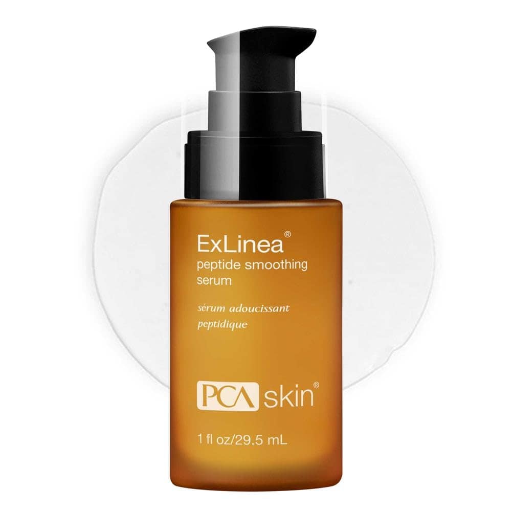PCA Skin ExLinea peptide smoothing serum bottle, amber glass with black pump